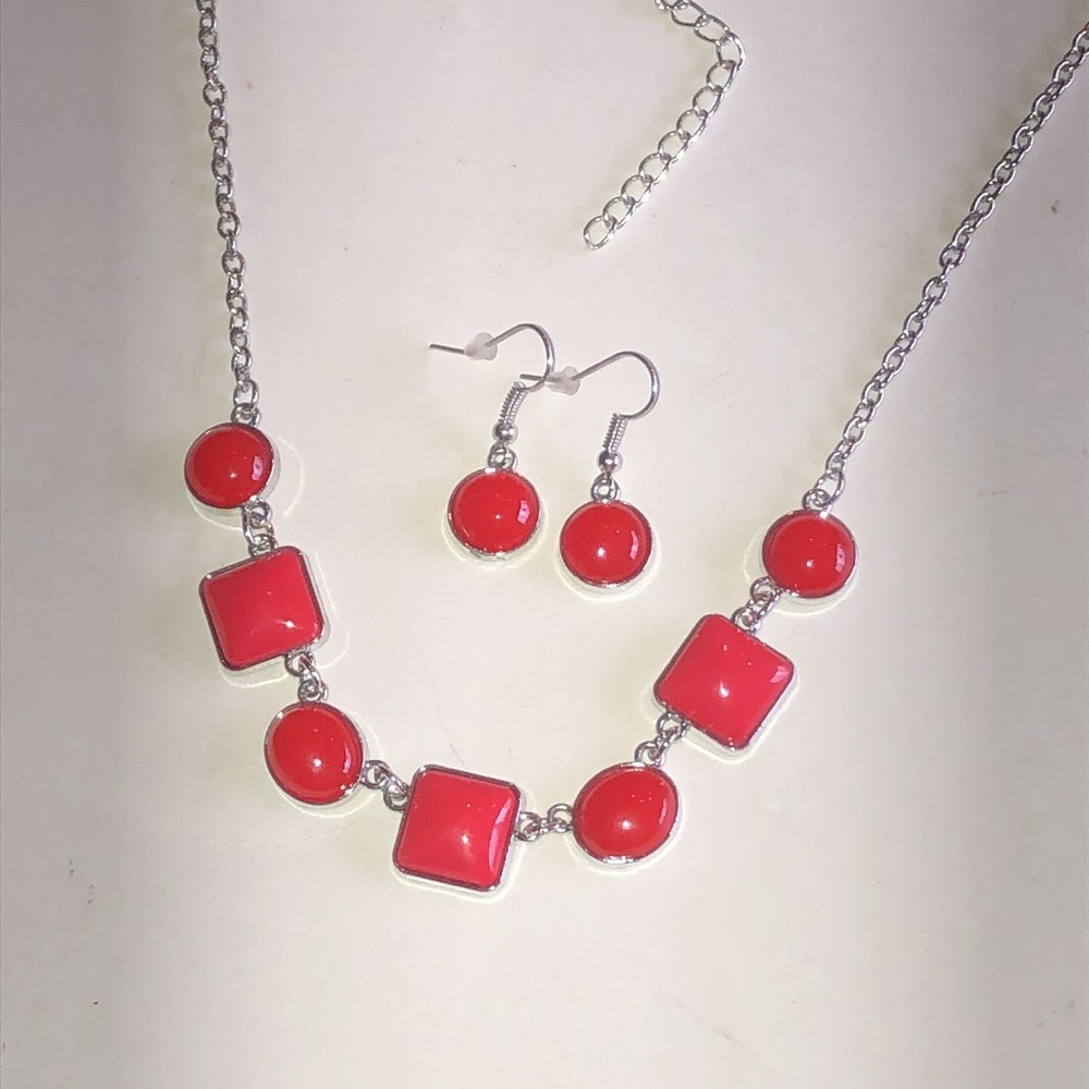 Silver Tone Red Geometric Pendant Necklace & Earring Set